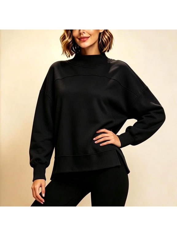Women's Long Bubble Sleeve Seamed Round Neck Side Split Sweatshirts Loose Casual Solid Color Pullover Sweatshirts Tops