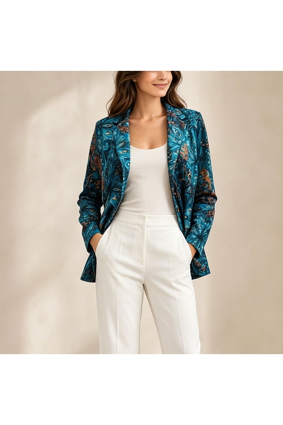 Women's Long Sleeve Blazer Jackets Peacock Print Turn Down Collar Casual Commute Wear Slim Fit Open Front Coats Outwear