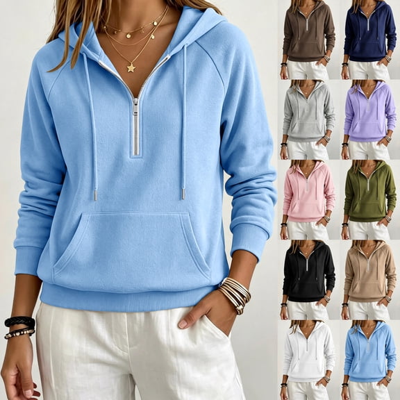 Sokhug Women's Long Sleeve Half Zip Hooded Sweatshirts with Front Kangaroo Pocket Drawstring Hood Loose Casual Daily Autumn Pullover Sweatshirts Tops