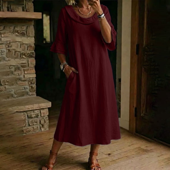 Sokhug Women's Maxi Dress Cowl Neck 3/4 Ruffle Sleeve Cotton Blend Summer Solid Color Midi Dress with Pockets
