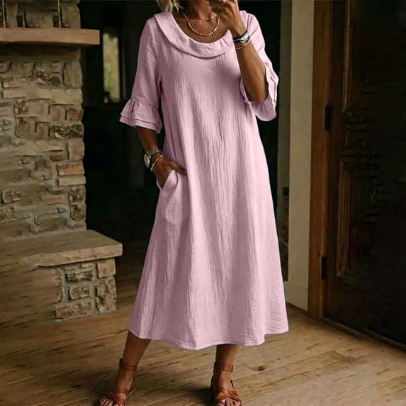 Sokhug Women's Maxi Dress Cowl Neck 3/4 Ruffle Sleeve Cotton Blend Summer Solid Color Midi Dress with Pockets
