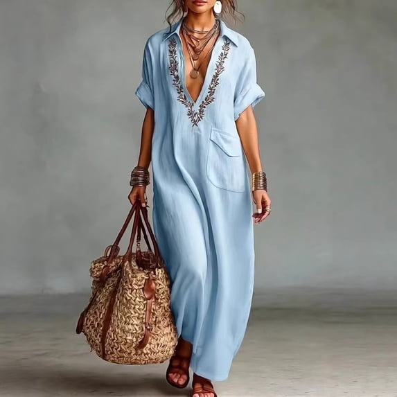 Sokhug Women's Maxi Shirt Summer Dresses Turn Down Collared Short Sleeve Embroidered Loose Tunic Dress with Pockets