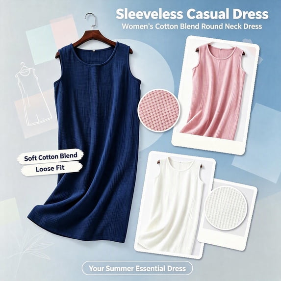 Sokhug Women's Midi Dresses Cotton Sleeveless Shift Dress Round Neck Casual Summer Solid Color Loungewear Dresses