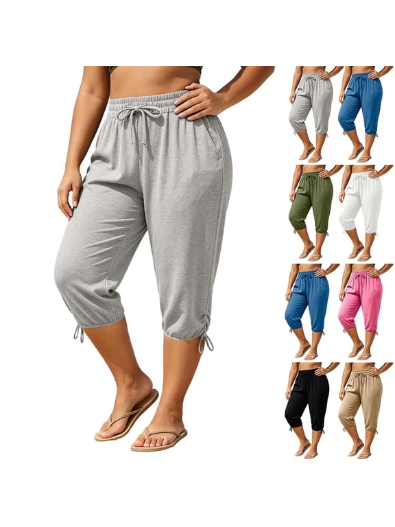 Women's Plus Size Capri Jogger Pants Drawstring Elastic Waist Side Pocket Ankle Tie Cuffed Soft Casual Cropped Trousers