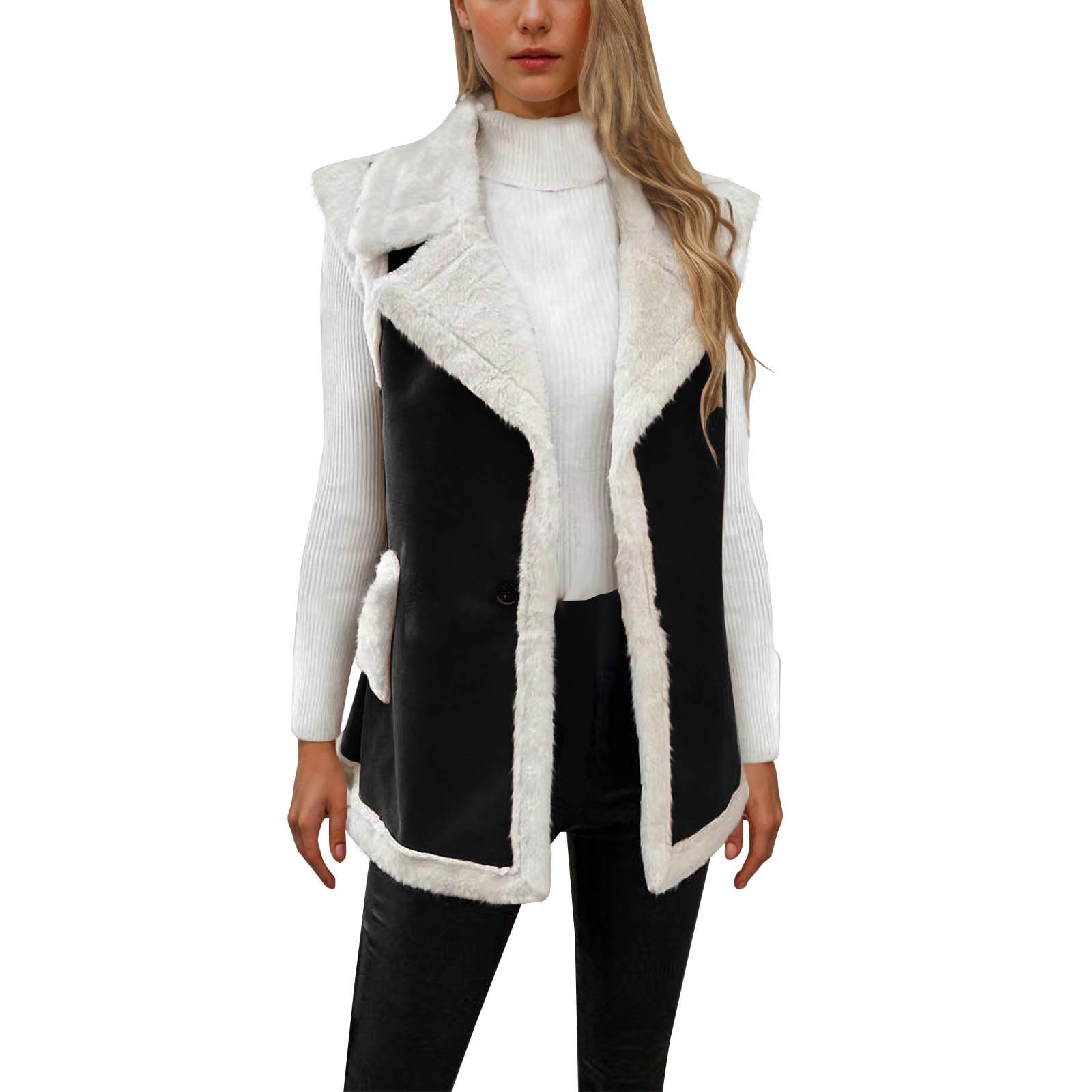 Sokhug Women's Sherpa Faux Leather Vest Jacket Winter Warm Sleeveless Coat with Pockets, Black