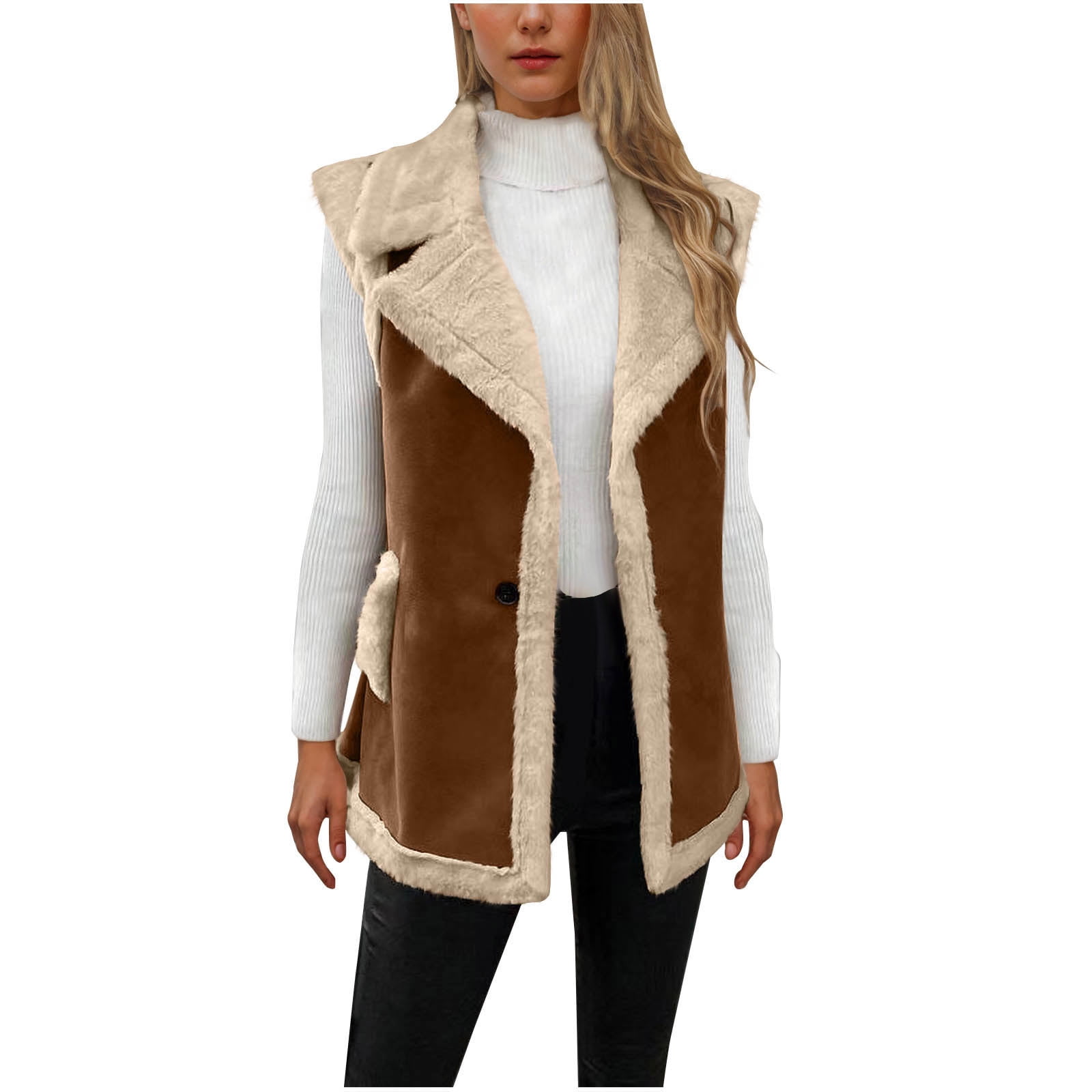 Sokhug Women's Sherpa Faux Leather Vest Jacket Winter Warm Sleeveless Coat with Pockets, Khaki