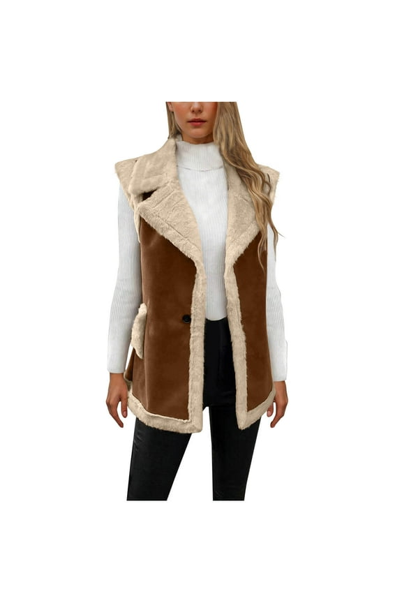 Women's Sherpa Faux Leather Vest Jacket Winter Warm Sleeveless Coat with Pockets, Khaki