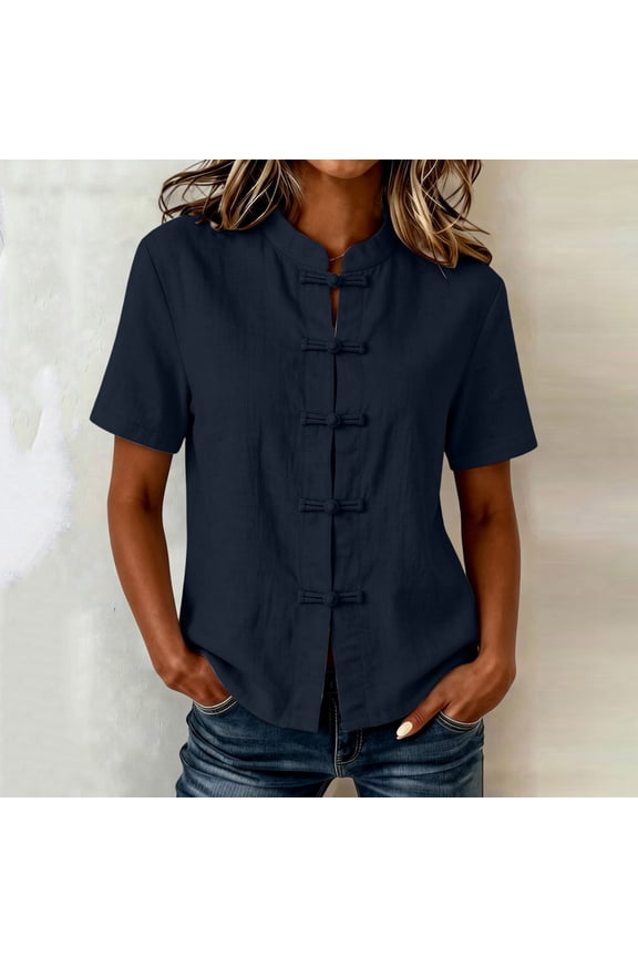 Women's Short Sleeve Blouses Casual Tops Mandarin Collar Short Sleeve Button Down Shirts Summer Solid Tops
