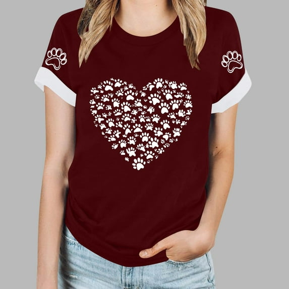 Sokhug Women's Short Sleeve Crew Neck Tops Dog Paw Heart Print Short Sleeve Summer Tee