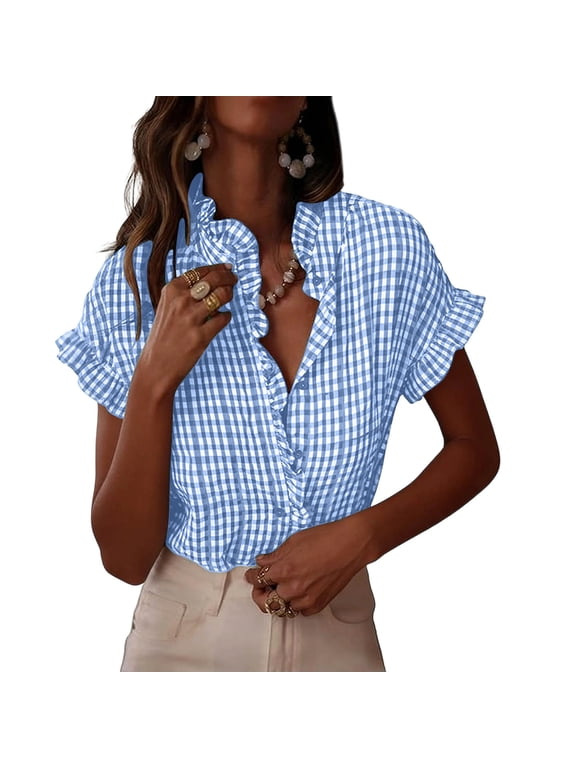 Women's Short Sleeve Gingham Ruffle Collar Shirt with Button Down Casual Loose Vintage Blouse