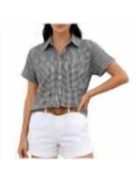 Women's Short Sleeve Gingham Turn Down Collared Button Down Shirts Plaid Blouses with Pockets Casual Summer Blouse