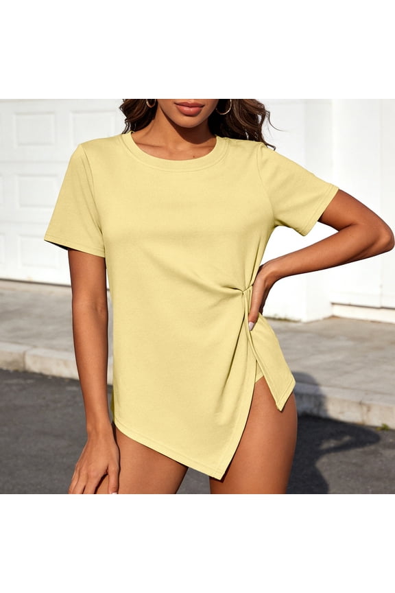 Women's Short Sleeve Round Neck T Shirts Twist Front Side Split Casual Loose Fit Summer Tops