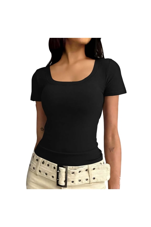 Women's Short Sleeve Wide Square Neck Shirt Slim Fit Cropped Solid Basic Casual Bodycon Midriff Baring Tee Top
