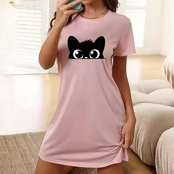 Sokhug Women's Sleep Shirts Oversized Nightgown Graphic Print Short Sleeve Nightdress