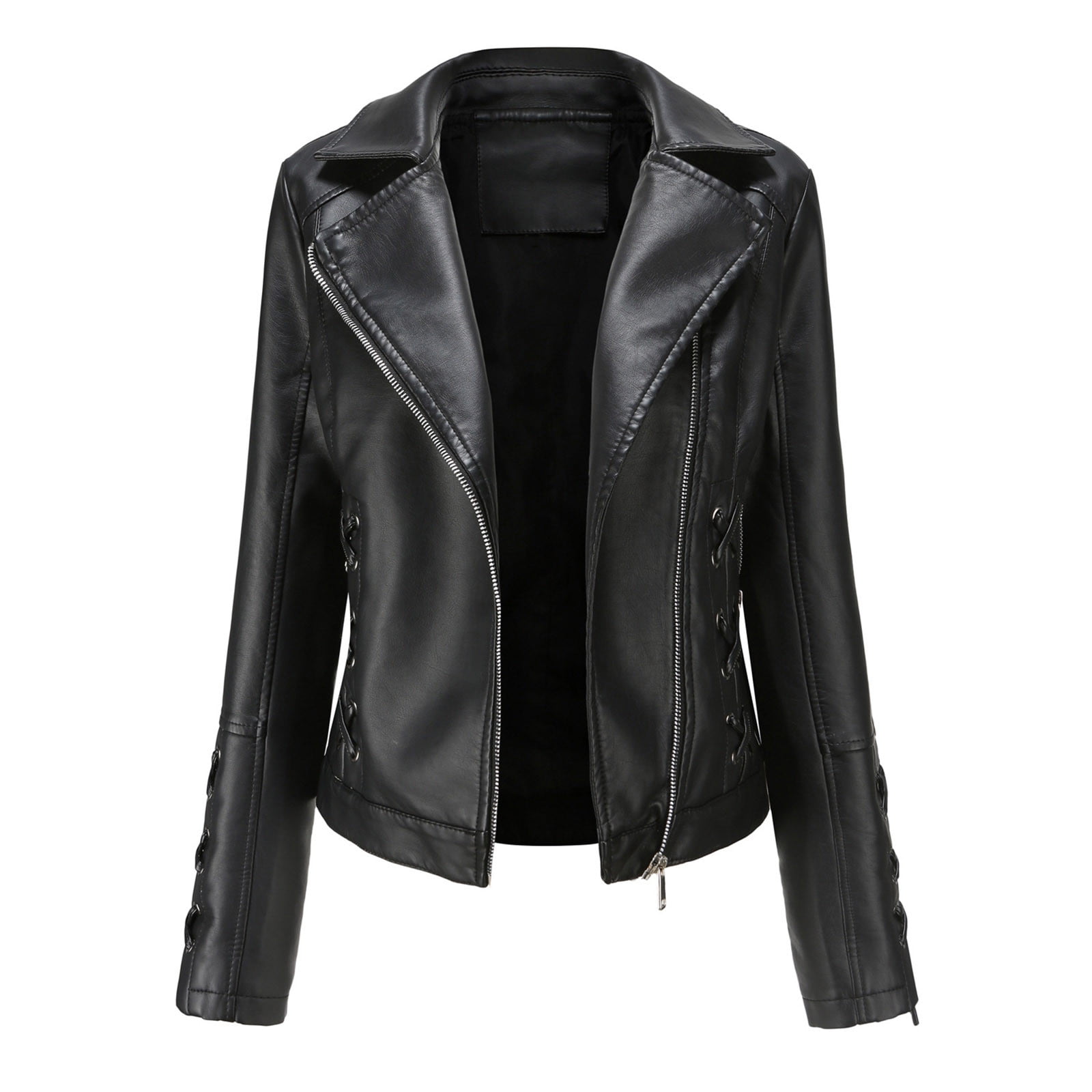 Sokhug Women's Slim Fit Faux Leather Jacket Lapel Zip Motorcycle Suit Coat, Black