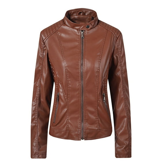 Sokhug Women's Slim Fit Faux Leather Jacket Stand Collar Zip Motorcycle Suit Coat, Brown