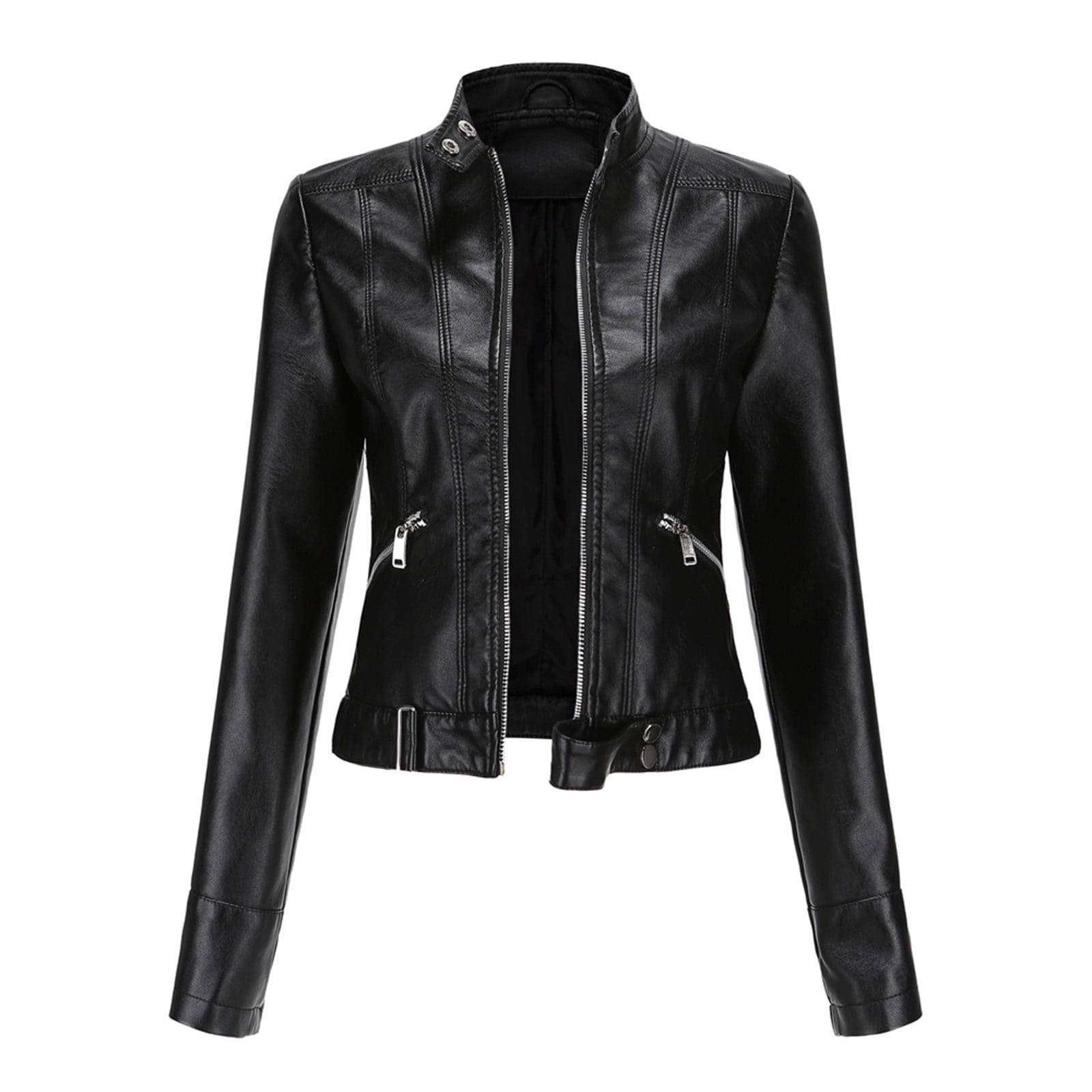 Sokhug Women's Slim Fit Faux Leather Jackets Stand Collar Zip Motorcycle Short Coat, Black