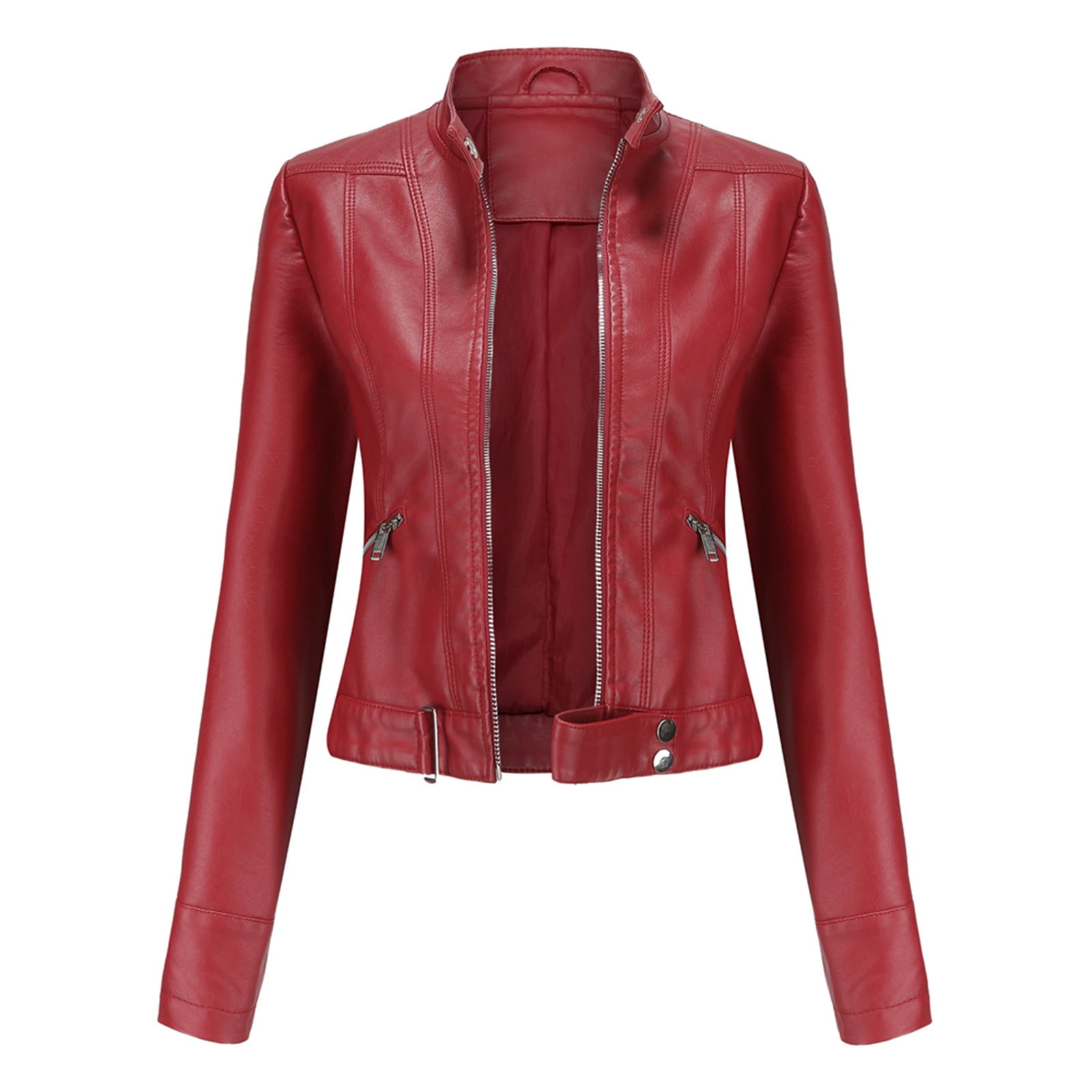 Sokhug Women's Slim Fit Faux Leather Jackets Stand Collar Zip Motorcycle Short Coat, Red