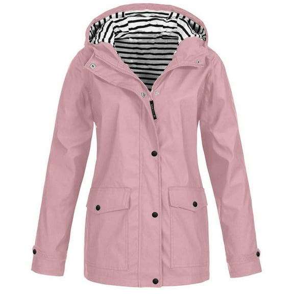 Sokhug Women’s Solid Rain Jacket Outdoor Jackets Hooded Raincoat Windproof Tops Pink