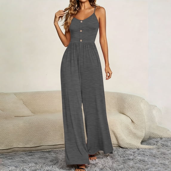 Sokhug Women's Spaghetti Strap Jumpsuit with Button Front Elastic Waist with Pockets Loose Wide Leg Pants