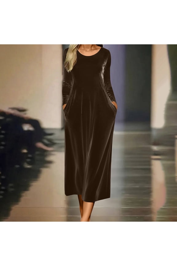 Women's Velvet Long Sleeve Smocked Maxi Dress Fall Winter Casual Loose Crew Neck High Waist Wedding Guest Dresses