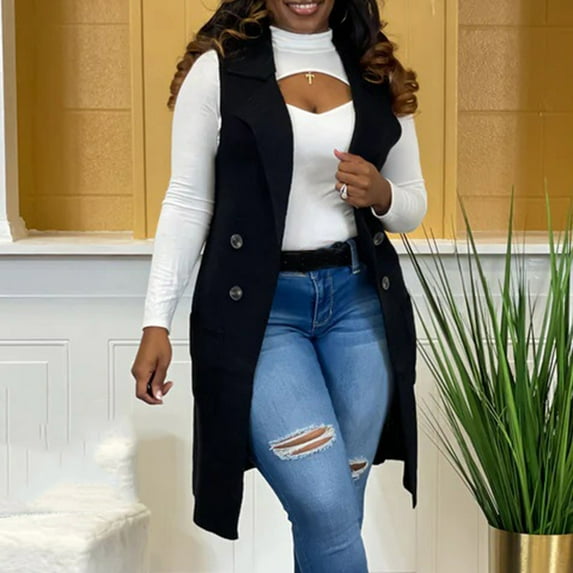 Sokhug Women's Vest Casual Open Front Turndow Collar Mid-length Sleeveless Cardigans Black