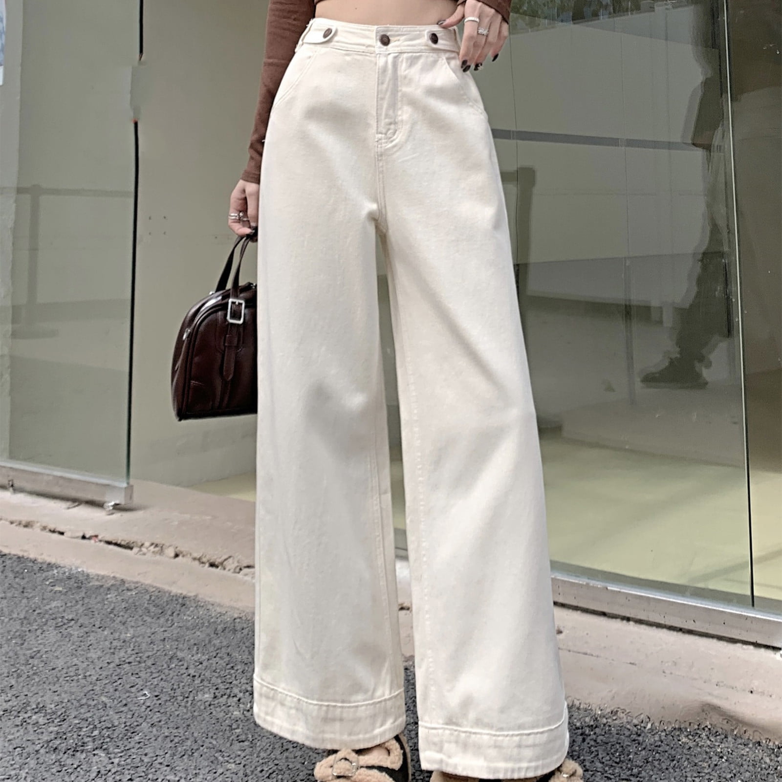 Aodrusa Women's Ripped Wide Leg Jeans - Stretchy Boyfriend Denim Pants With High Waist & Straight Leg