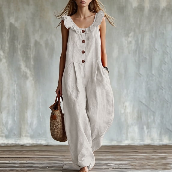 Sokhug Women's Wide Leg Jumpsuit Ruffle Strap Button Front Casual Loose Fit Summer Romper Overalls with Pockets