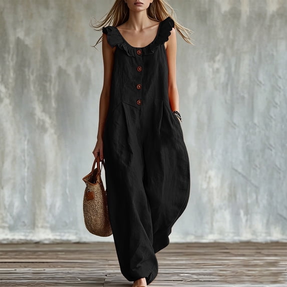 Sokhug Women's Wide Leg Jumpsuit Ruffle Strap Button Front Casual Loose Fit Summer Romper Overalls with Pockets