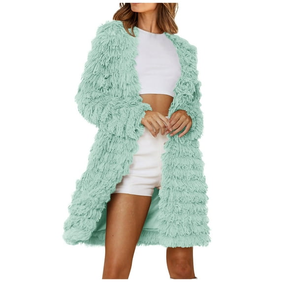 Sokhug Women's Winter Faux Fur Jackets Fall Fashion Open Front Long Shaggy Coat Outerwear