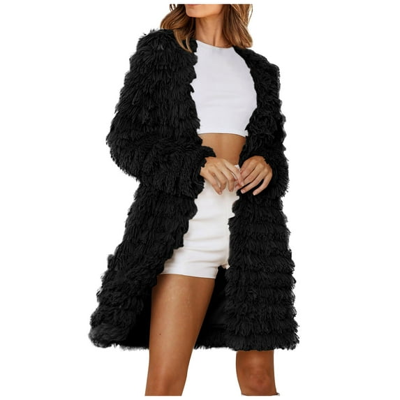 Sokhug Women's Winter Faux Fur Jackets Fall Fashion Open Front Long Shaggy Coat Outerwear