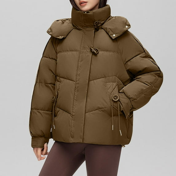 Sokhug Women's Winter Warm Puffer Jacket Hooded Baggy Zip Up Short Quilted Jacket Outerwear Brown
