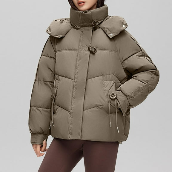 Sokhug Women's Winter Warm Puffer Jacket Hooded Baggy Zip Up Short Quilted Jacket Outerwear Khaki