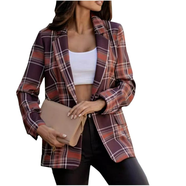 Sokhug Women's Work Office Blazer Lapel Collar Open Front Long Sleeve Plaid Suit Jackets