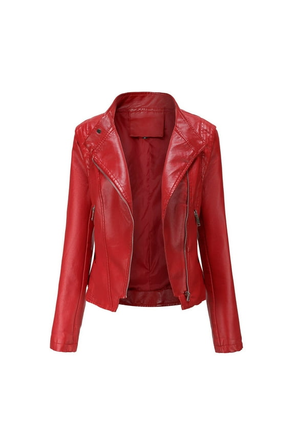 Women's Zip Slim Faux Leather Cropped Moto Jacket, Red