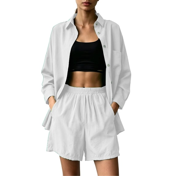Sokhug Womens 2 Piece Casual Set Plus Size Oversized Button Down Shirt and Elastic Waist Shorts with Pockets Soft Breathable Summer Outfit