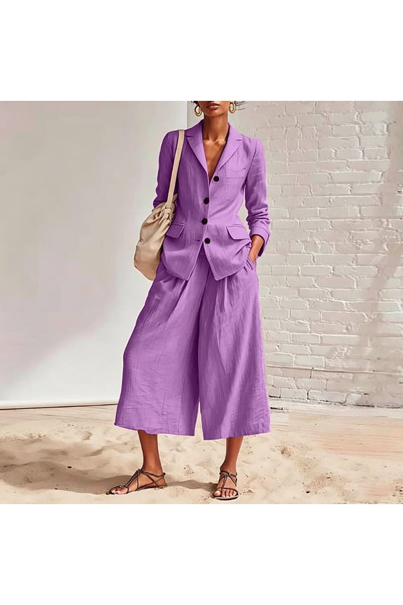 Womens 2-Piece Sets Cotton Linen Blazer and Culottes Suit with Notched Lapel and Cropped Wide Leg Pants