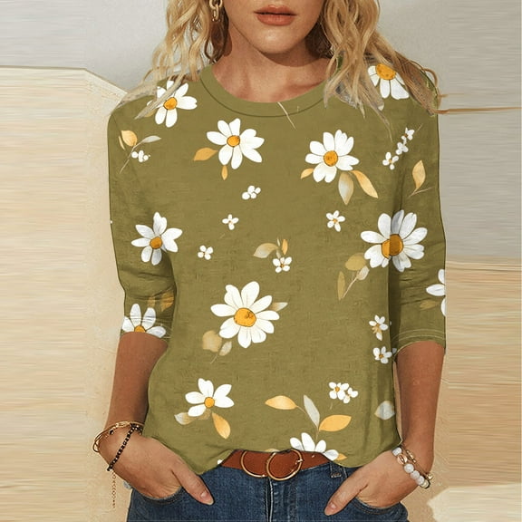 Sokhug Womens 3/4 Length Sleeve Tops Crew Neck Basic Tees Shirts Casual Loose Fit Floral Graphic Blouses