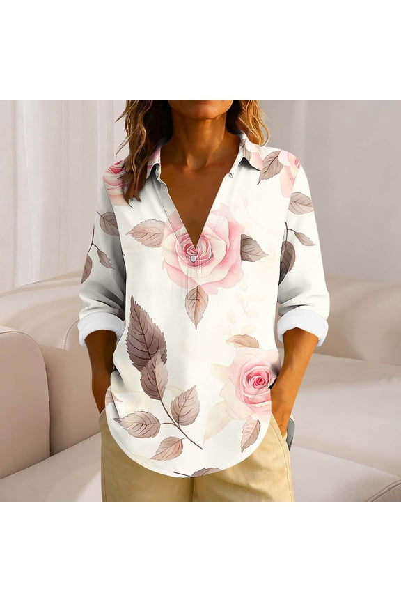 Womens 3/4 Length Sleeve Tops Floral Print Three Quarter Sleeve Button Blouse T Shirt Round Neck Shirt