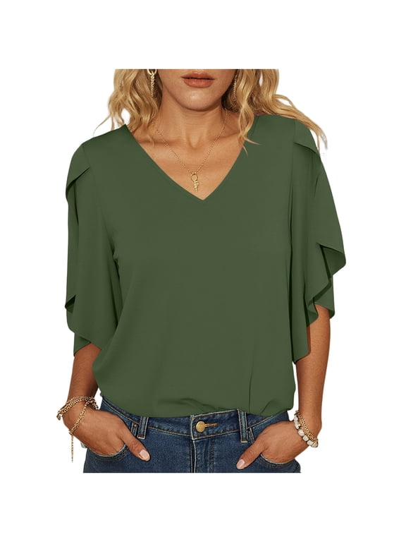 Womens 3/4 Sleeve Butterfly Sleeve V Neck Blouse Loose Fit Chiffon Casual Flowy Solid Color Summer Shirts