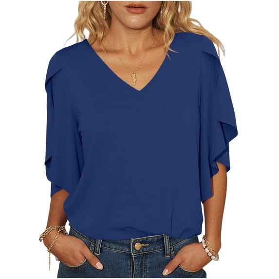 Sokhug Womens 3/4 Sleeve Butterfly Sleeve V Neck Blouse Loose Fit Chiffon Casual Flowy Solid Color Summer Shirts