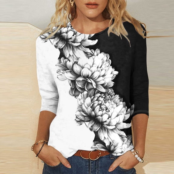 Sokhug Womens 3/4 Sleeve Dressy Shirts Casual Round Neck Floral Printed Holiday Tops Ladies Fashion Oversized Blouse