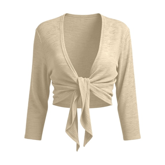 Sokhug Womens 3/4 Sleeve Open Front Tie Front Cropped Cardigan Loose Fit Casual Bolero Shrug Solid Color Shirts