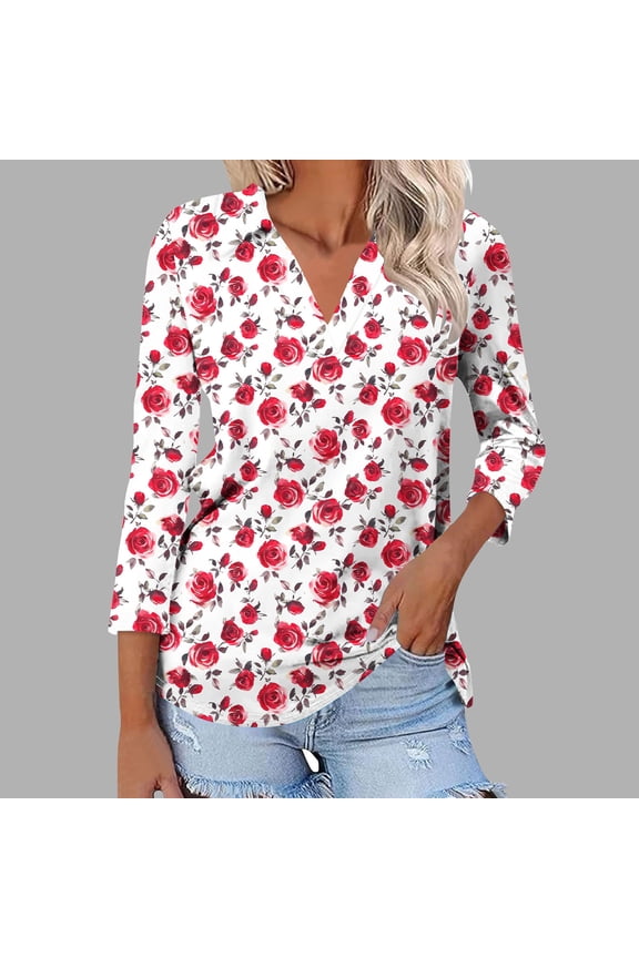 Womens 3/4 Sleeve Rose Floral Tops Dressy Casual V Neck Fancy T Shirts Trendy Classy Boho Tunic Cute Peasant Blouses