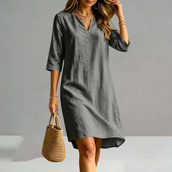 Sokhug Womens 3/4 Sleeve Tunic Dress Cotton Blend Casual V Neck Loose Fit Summer Flowy Swing Shift Dress with Side Pockets
