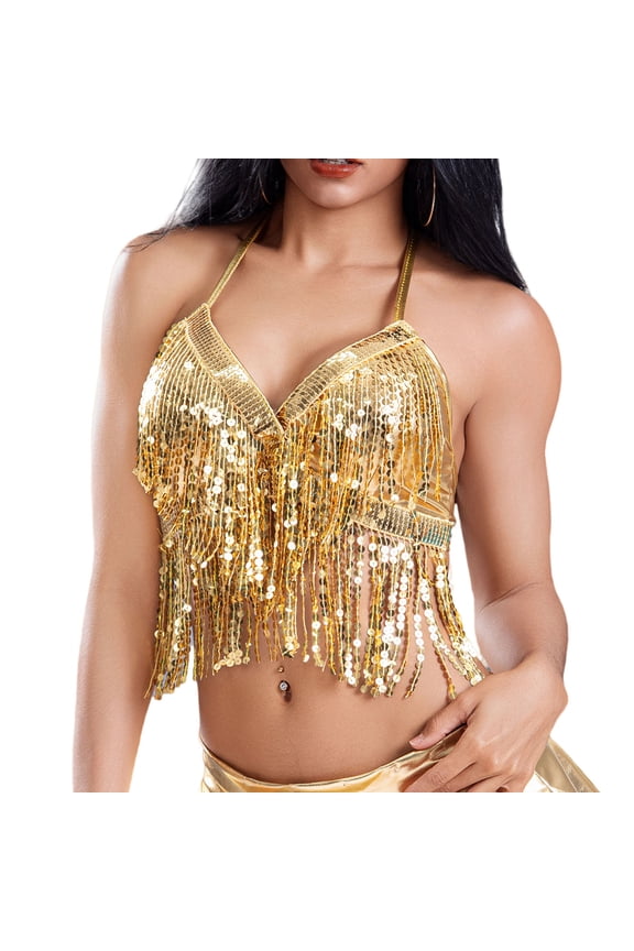 Womens Belly Dance Sequin Halter Crop Top Fringe Tassel Costume Tank Top Sparkly for Performance Stage Festival Party