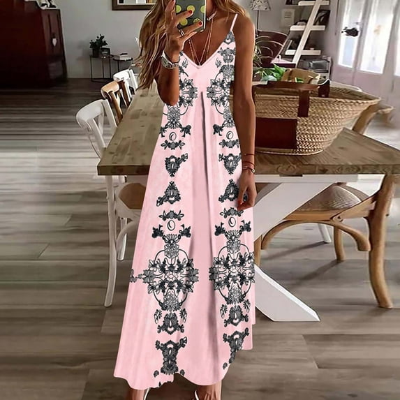 Sokhug Womens Boho Floral Print Maxi Dress Adjustable Spaghetti Strap V Neck Flowy Long Dresses