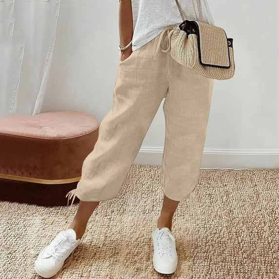 Sokhug Womens Capri Pants Cotton Elastic Drawstring Waist Tie Cuff Hem Casual With Pockets Loose Cropped Trousers