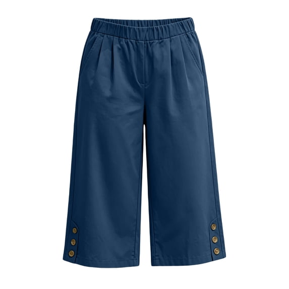 Sokhug Womens Capri Pants Elastic Waist with Side Buttons Casual Summer Solid Wide Leg Cropped Trousers