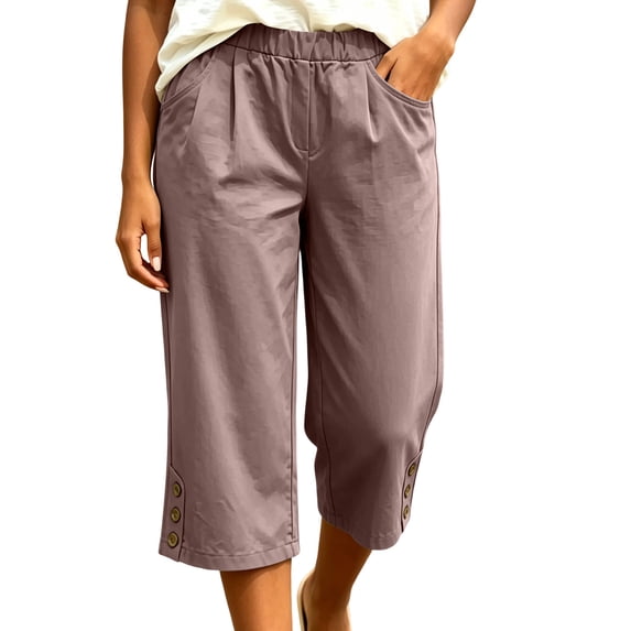 Sokhug Womens Capri Pants Elastic Waist with Side Buttons Casual Summer Solid Wide Leg Cropped Trousers